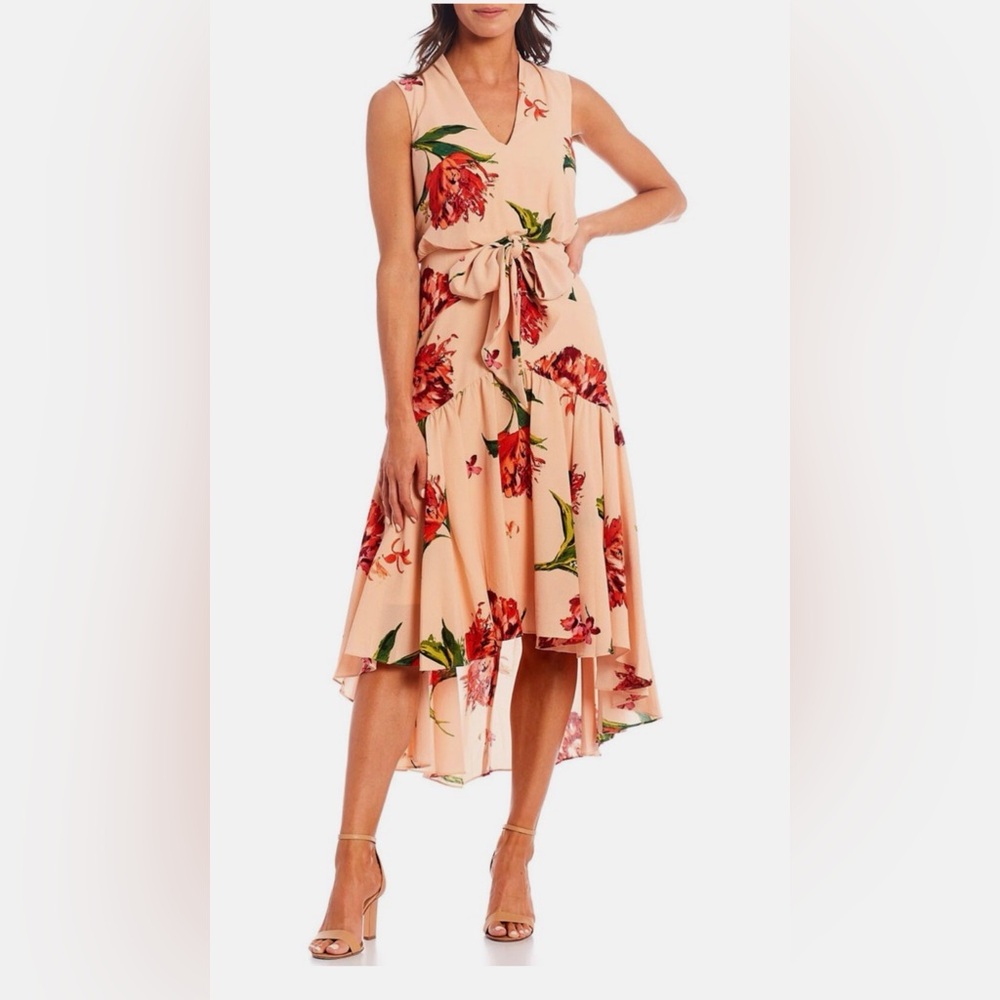Taylor High Low Floral Dress - Peach and Red Size 8